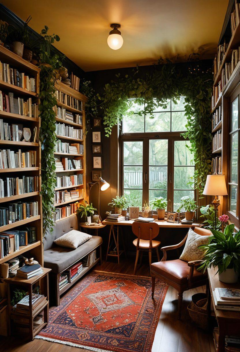 A whimsical bookshop filled with diverse genres showcasing passionate writers engaging in various hobbies, from writing to painting and music. Include cozy reading nooks, vibrant plants, and inspirational quotes on the walls, all under warm, inviting lighting. Capture the essence of creativity and exploration in lifestyle choices. super-realistic. vibrant colors. 3D.