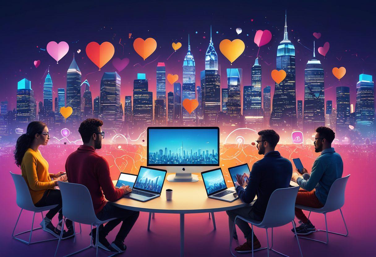 A colorful digital landscape depicting a diverse group of people connecting through their laptops and mobile devices, sharing ideas and knowledge. In the background, a virtual city bursting with vibrant colors symbolizes a thriving online community, with speech bubbles containing snippets of articles floating around. Incorporate elements like hearts and networking symbols to emphasize connection and sharing. super-realistic. vibrant colors. futuristic style.