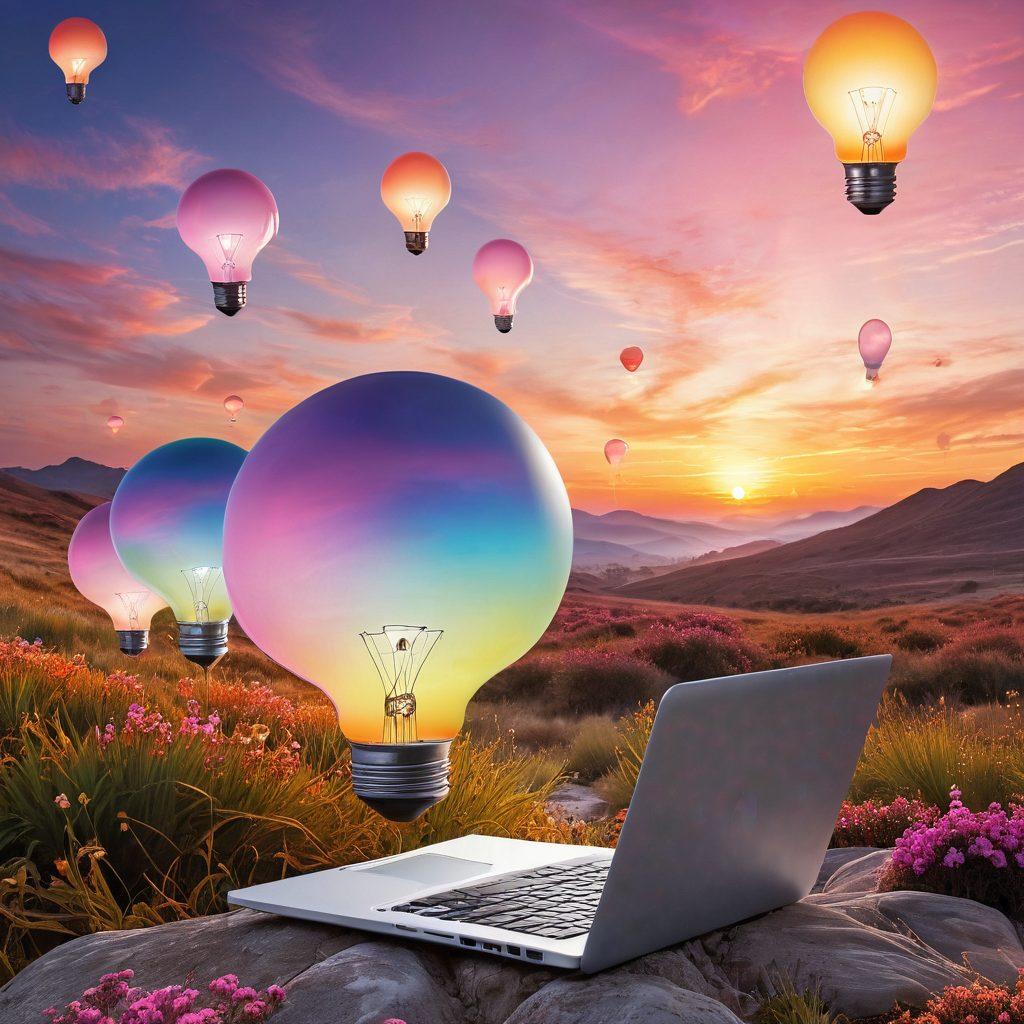 A dreamy landscape representing diverse ideas, featuring a vast hemisphere filled with colorful lightbulbs and swirling thoughts, surrounded by blogging tools like laptops and notebooks floating in the air. The background should showcase a peaceful horizon blending sunrise hues to symbolize new ideas. super-realistic. vibrant colors. white background.